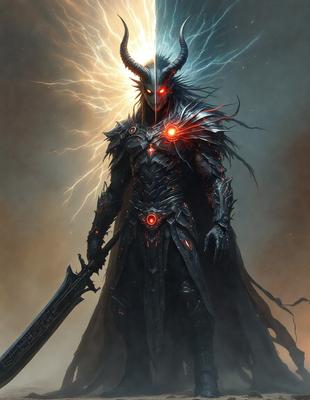 The primary subject of the image is a person dressed in a medieval-style costume, wearing a mask and holding a sword. The setting appears to be a dark, foggy environment, which adds to the overall mood of the scene. The visual style of the image is a digital art or illustration, showcasing the intricate details of the costume and the sword. The dominant colors in the image are dark and moody, with the mask and costume being the main focus.